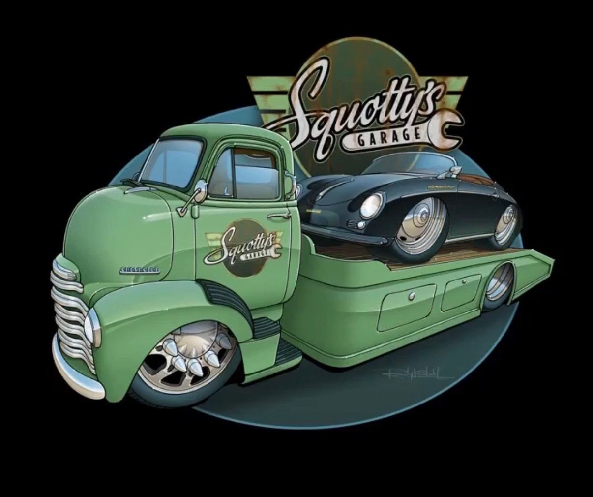 Vintage car hauler carrying a classic sports car